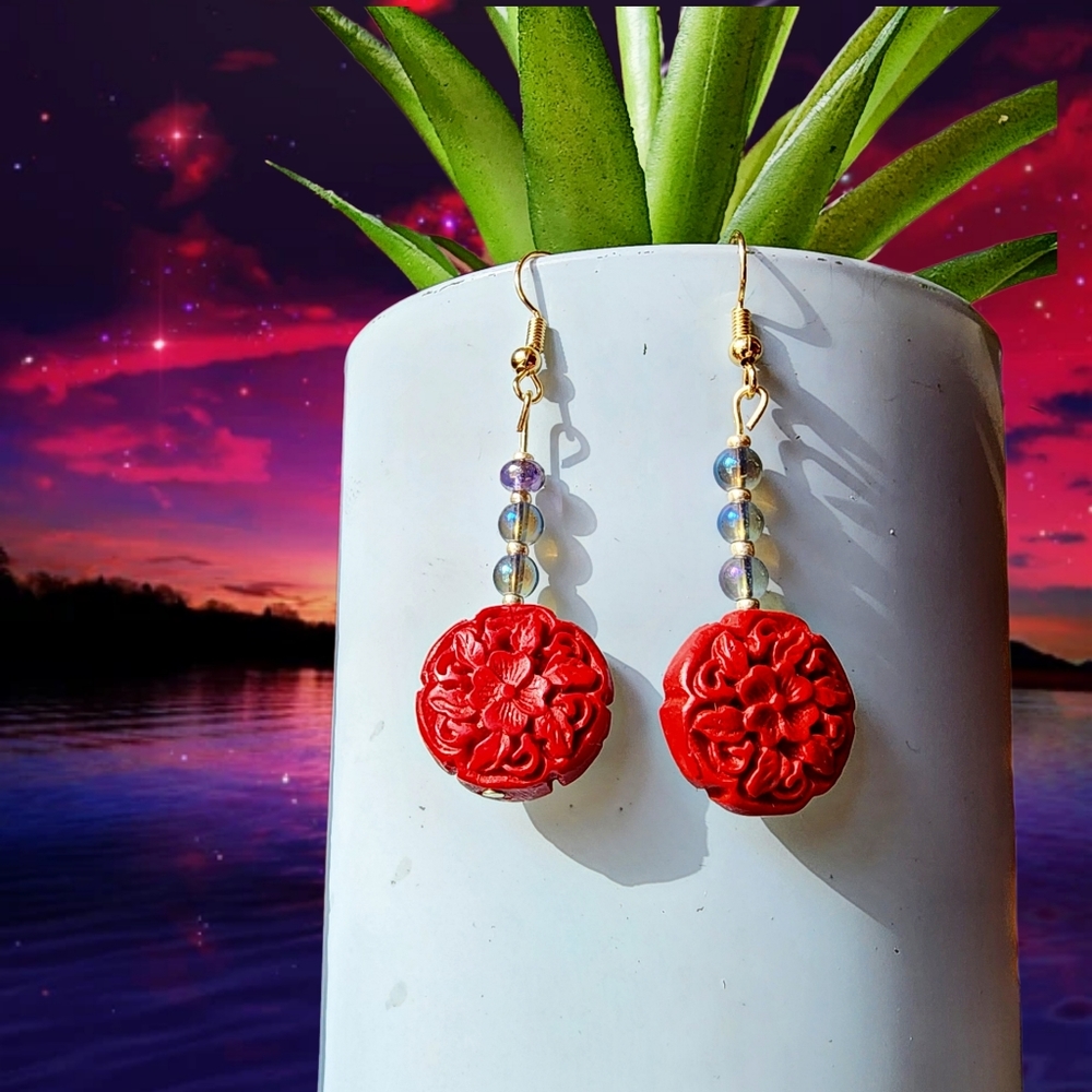 Red Flower and Glass Iridescent Drop Earrings